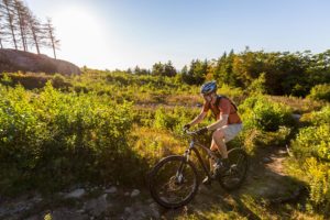 Photo of man on a trail on a mountain bike.