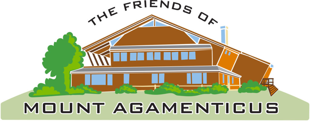 The Friends of Mount Agamenticus logo: white foreground with vector image of brown ski lodge and green shrubs and grass.