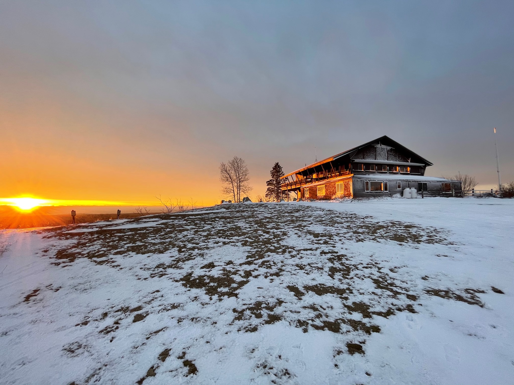 photo of Mount Agamenticus summit lodge at sunrise in winter