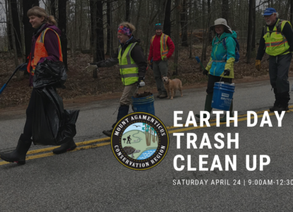 Photo of 5 people walking along roadway with trash bags. Text reads Earth Day Trash Clean Up Saturday April 24 9am-12:30pm.